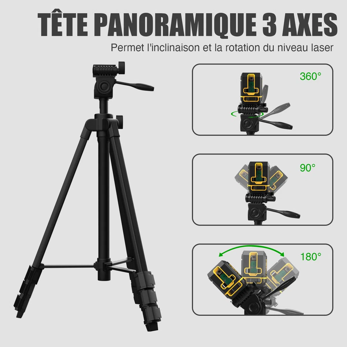 Trépied en aluminium léger 137 cm pour niveau laser, équipé d'un niveau à bulle vert, d'une vis 1/4 de pouce et d'une rotule 3D pour le nivellement précis des lignes laser