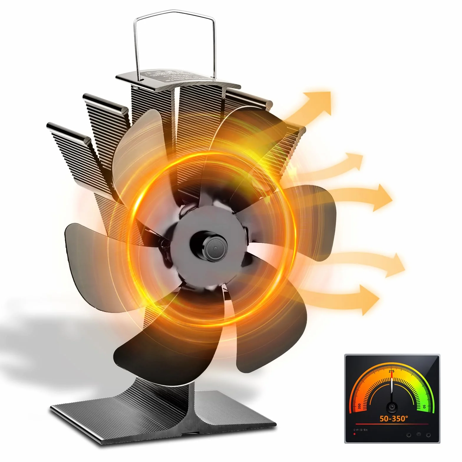 KAEFUYS Ventilateur pour poêle à bois 6 pales, ventilateur thermique pour cheminée silencieuse avec alimentation à chaleur, ventilateur de caminod efficace de la chaleur 350 °C, pour brûleur de troncs