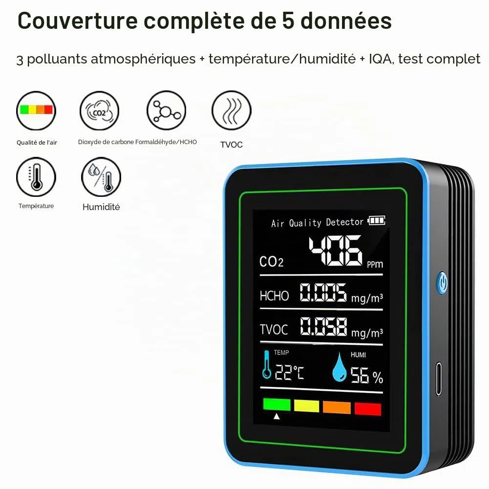 Détecteur de CO2 Moniteur de Monoxyde de Carbone, Moniteur Qualité de l'Air 5-en-1, Détecteur d'air, Charge USB, Mesure Température et Humidité, Portable, Moniteurs de Formol pour Maison