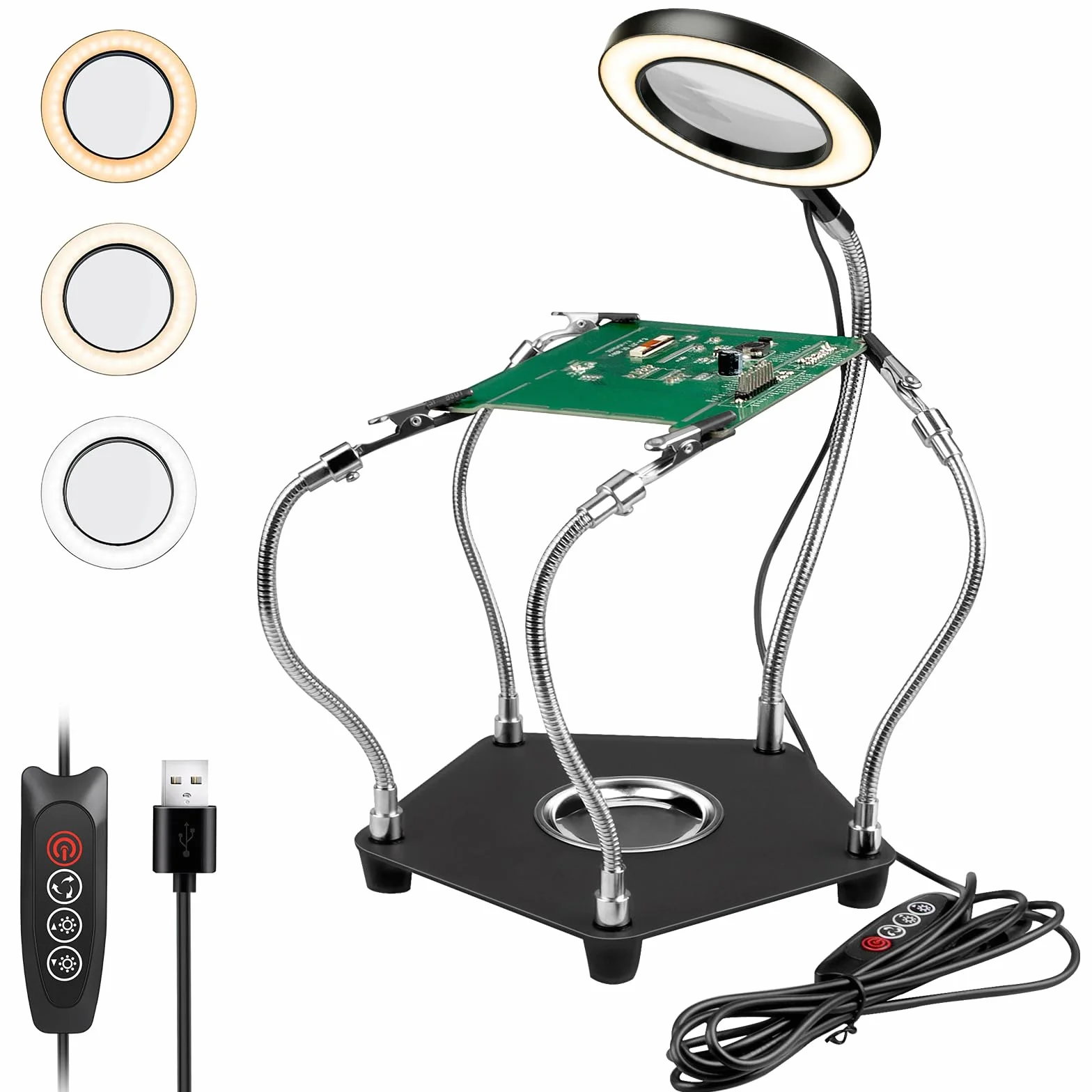 Lytool Troisième-Main-Soudure-Aider Les Mains Station de Soudage avec Lampe Loupe 3X LED à Intensité Variable Main d'Aide à Souder Flexible avec 4 Bras de Support pour les Réparations-de-Soudure
