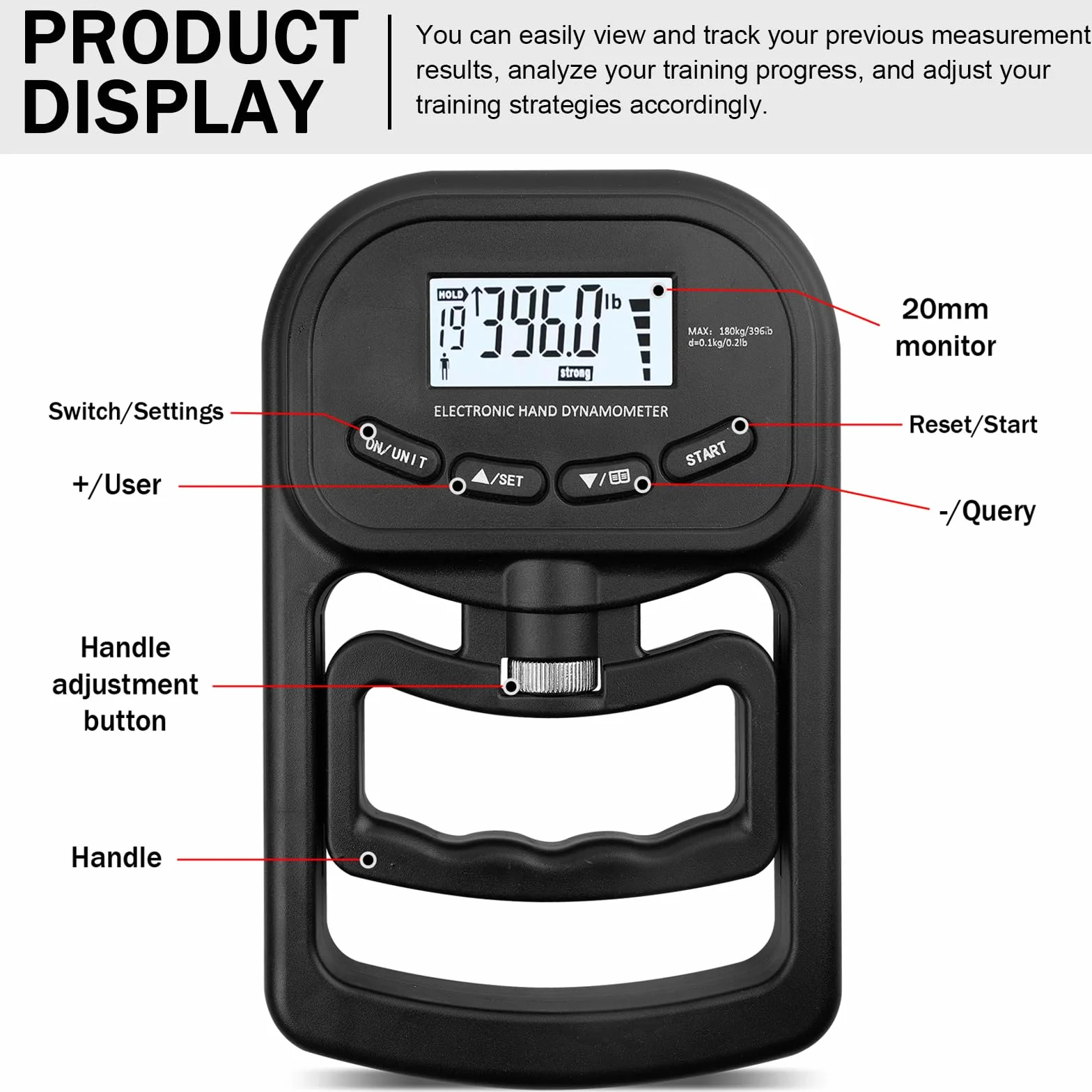 Appareil de force portatif numérique : dynamomètre manuel 180 kg, compteur de force de préhension électronique, écran LED, entraînement de force avec câble de charge USB, appareil de force de