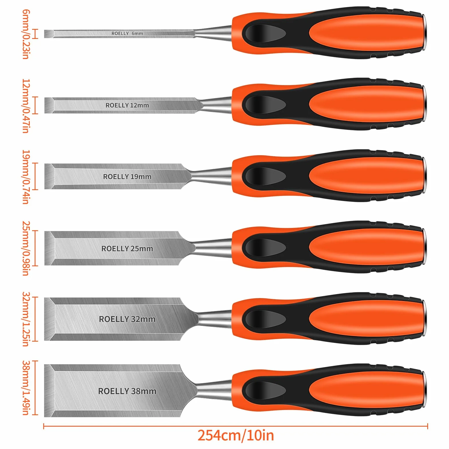 ROELLY Ciseaux a Bois Professionnels 6 Pièces, 6, 12, 19, 25, 32, 38 mm, Gouge a Bois,Outils Menuiserie，Lames Tranchantes Avec Poignées Confortables pour La Sculpture Sur Bois