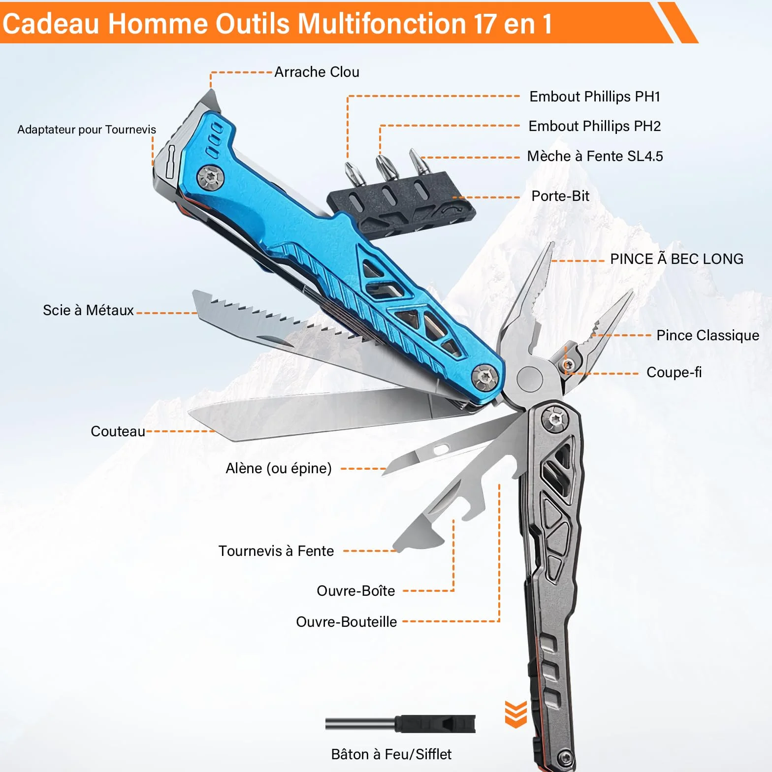 Pince Multifonction en Acier Inoxydable 17 en 1, Couteau Multifonction avec Sac, Outil Multitool Scie Embouts Tournevis Ouvre-Bouteille pour Camping, Extérieur, Randonnée, Survie, Réparation