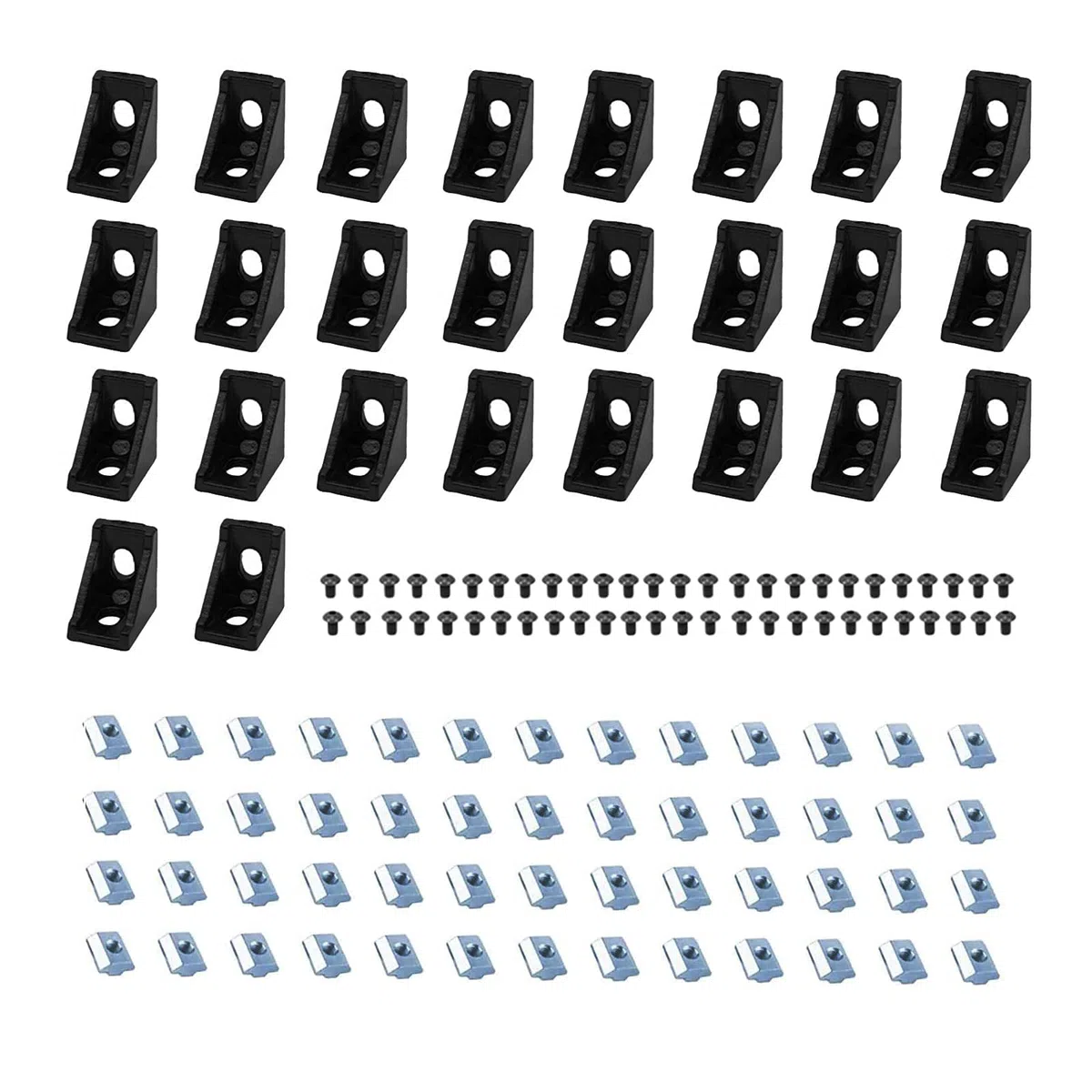 Lot de 26 supports d'angle 2020 avec 52 écrous M5, 52 vis à tête hexagonale M5 x 8 mm et 2 clés M3 pour profil d'extrusion en aluminium de la série 2020 - Noir