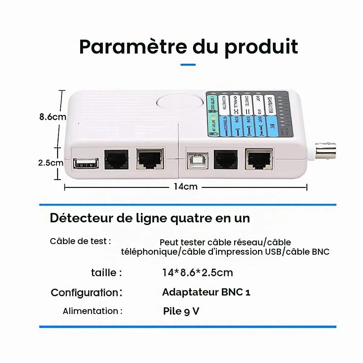 Testeur de câble réseau multifonction 4 en 1, testeur de fil Cat5 Cat6 de câble LAN RJ45/RJ11/USB/BNC, Testeur de câble réseau - BNC, RJ45, RJ11