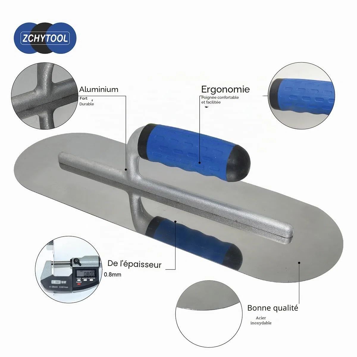 Truelle de lissage ronde en acier inoxydable - 380 x 125 mm - Poignée en caoutchouc - Truelle de nettoyage - Outil de nettoyage pour béton - Outil de lissage et de traitement de