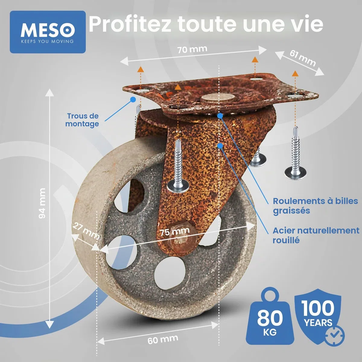 Roulette Charge Lourde - Métal Vintage Roulettes pour Meubles 75mm - Roues pivotantes rustiques de couleur en métal - Ensemble de 4 - Capacité de 4x80KG / 320KG