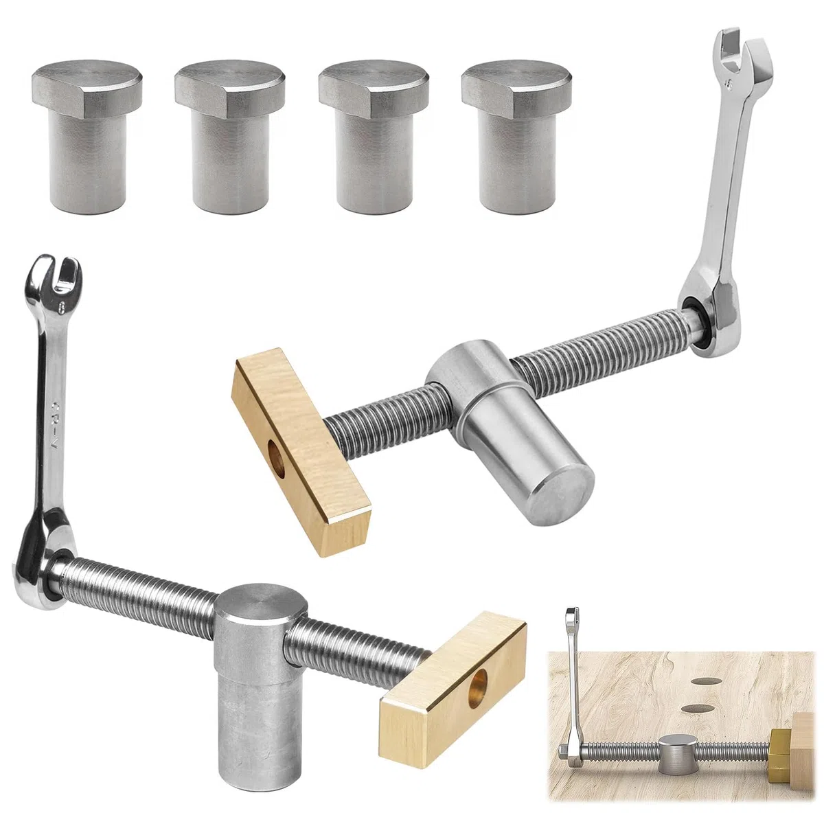 2 Pièces Pinces de Bureau pour Travail du Bois Argenté, 20mm Établi Auxiliaire pour Table de Travail du Bois Étau de Positionnement, avec 4 Bench Dog, pour Trou de 20 mm Banc Menuiserie (Argenté)