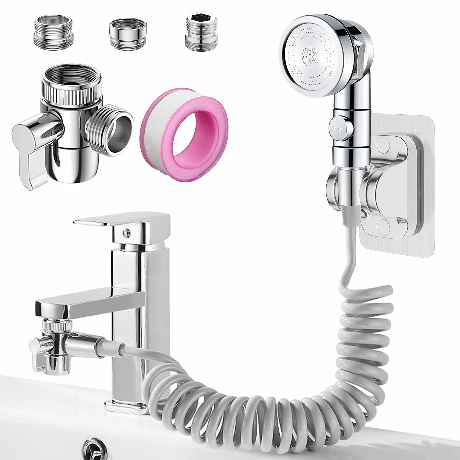 3 Modes Douchette Lavabo Salle de Bain avec Tuyau Télescopique de 2m et Support, Ensemble Pommeau Douche pour Lavabo avec 3 Voies Valve Inverseur de M22-24 G1/2(Gris Tuyau)