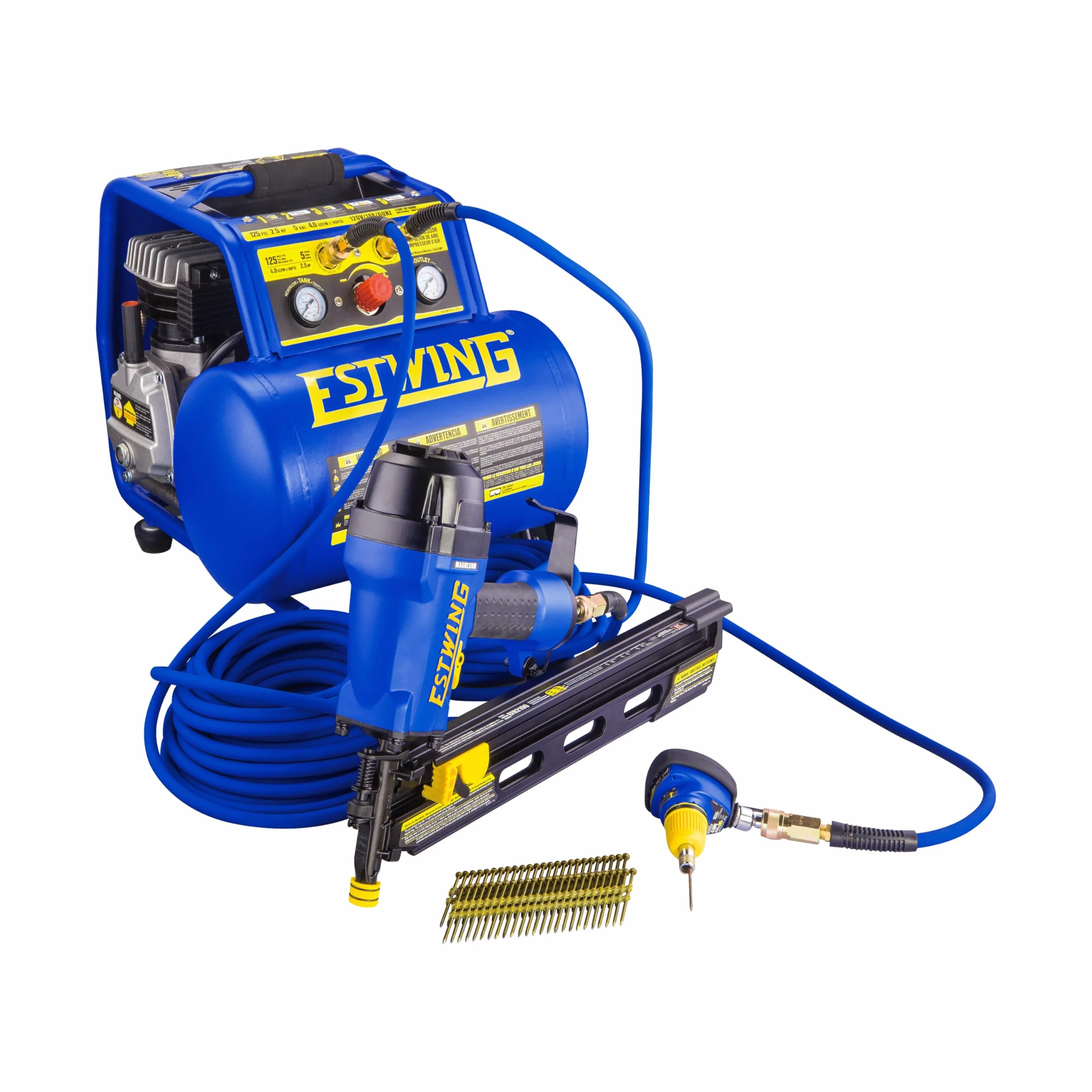 Estwing E1450PVCR Tuyau d'air hybride en PVC/caoutchouc de 15,2 m avec raccord industriel NPT en laiton et coupleur universel à connexion rapide, bleu et jaune, 0,6 cm x 15,2 m