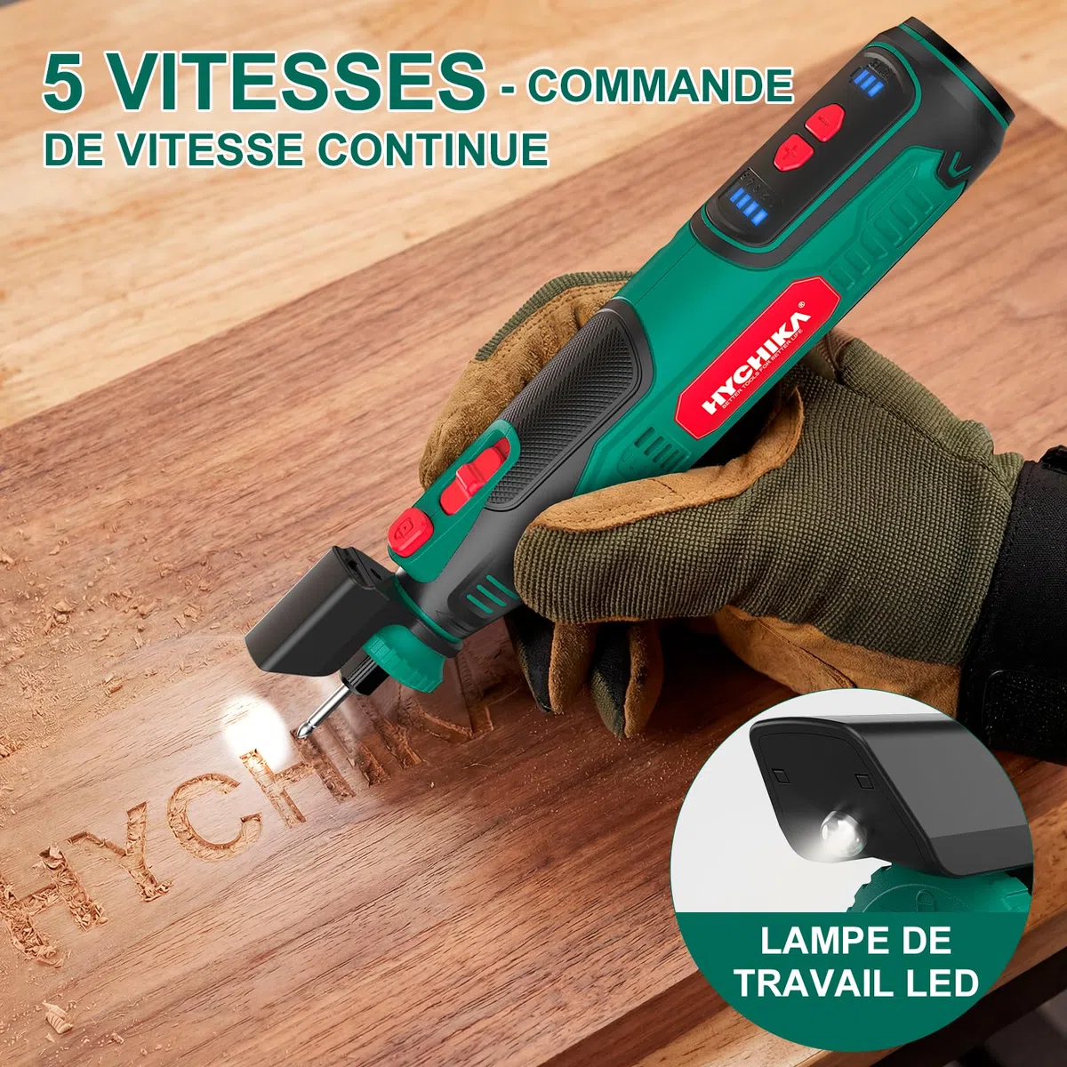HYCHIKA Outil rotatif sans fil 8V 2,0Ah batterie, 5 vitesses max 30000 tr/min. Kit 145 accessoires avec affûteuse pour tronçonneuse et lampe LED. Pour ponçage, polissage, coupe, perçage, gravure DIY