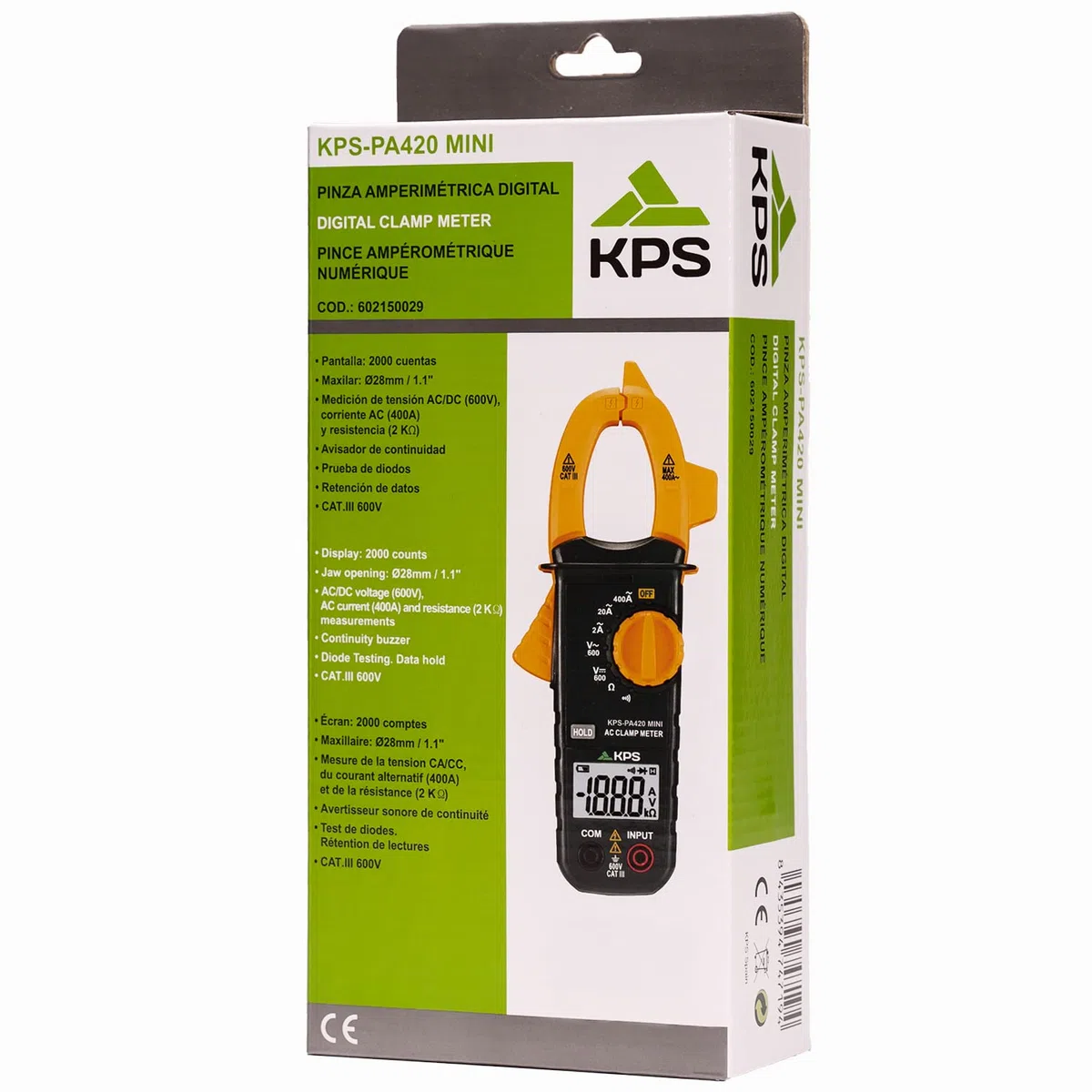 KPS-PA420 Pince ampèremétrique numérique 2000 points, tension AC/DC 600V, courant AC 400A, et résistance 2KΩ, maintien des lectures, avertissement de continuité et test de diode. CAT. III 600V