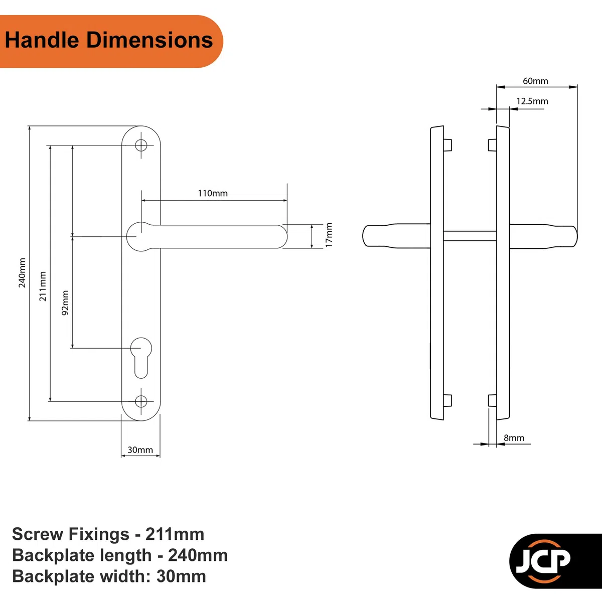JCP Paire de poignées de porte en uPVC, centre de vis 211 mm, ensemble de ressorts 92 mm PZ, plaque arrière 240 mm x 30 mm, Blanc