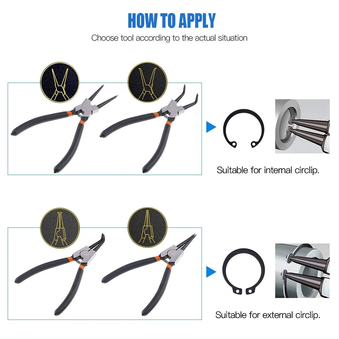 Glarks Lot de 4 pinces à circlips internes/externes de 17,8 cm pinces à circlips avec lot de 4 crochets de précision pour démontage de circlips, retenue et démontage de tuyaux, joints
