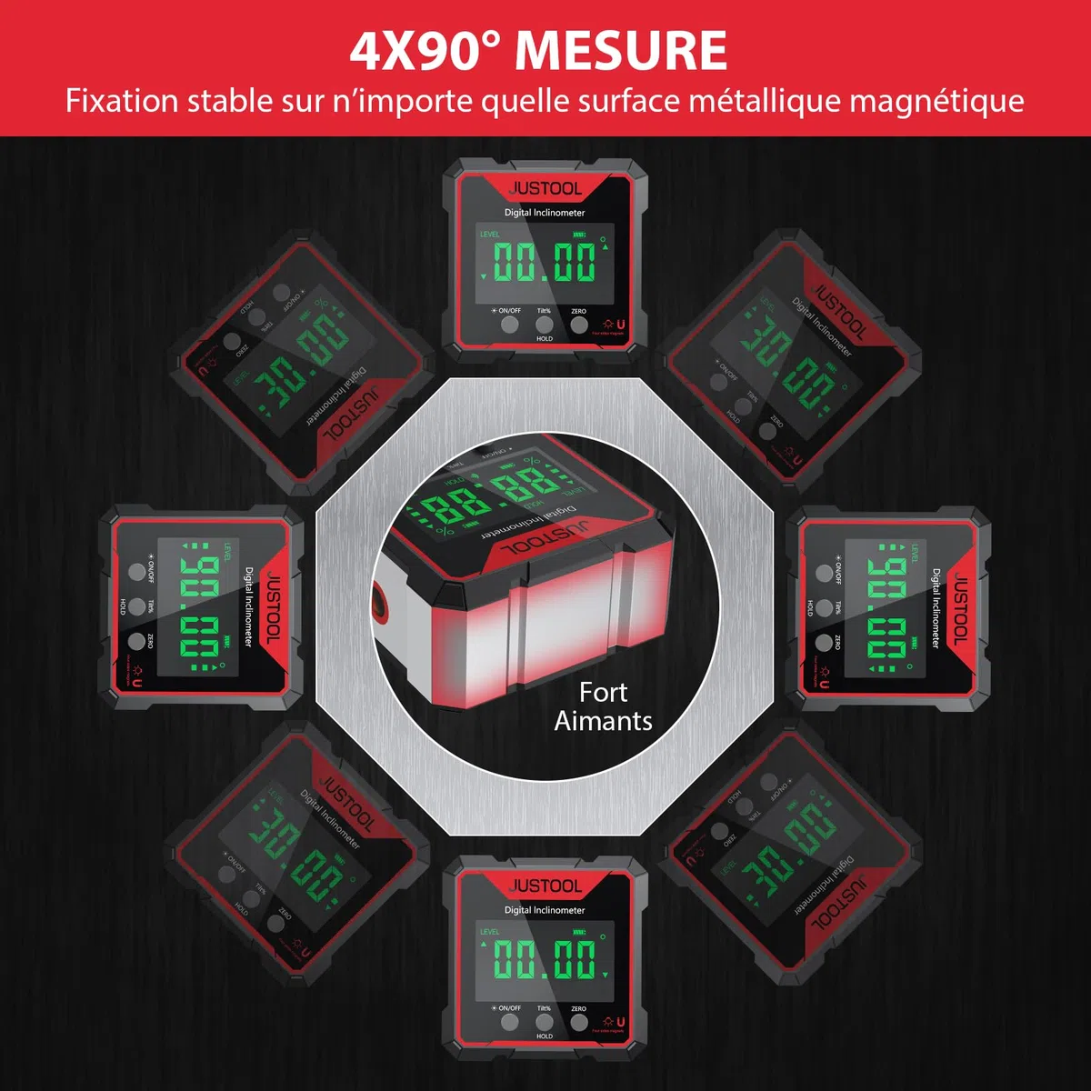 JUSTOOL 4 * 90° Inclinomètre Rapporteur LCD Numérique Inclinomètre Jauge D’angle Laser Niveau à Bulle IP54 Boîte de Niveau étanche Boîte de Nivellement Magnétique à 4 Côtés Boîte Biseautée | Inclinomètre numérique avec 4 aimants latéraux, écran LCD rétroé