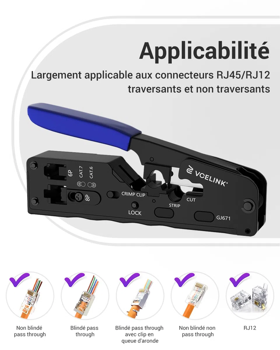 VCELINK GJ671BL Pince à Sertir RJ45 pour Connecteur Réseau CAT5/CAT5E/CAT6/CAT6A/CAT7 Fiche Réseau RJ45 à Sertir et Prise Téléphone 6P RJ11