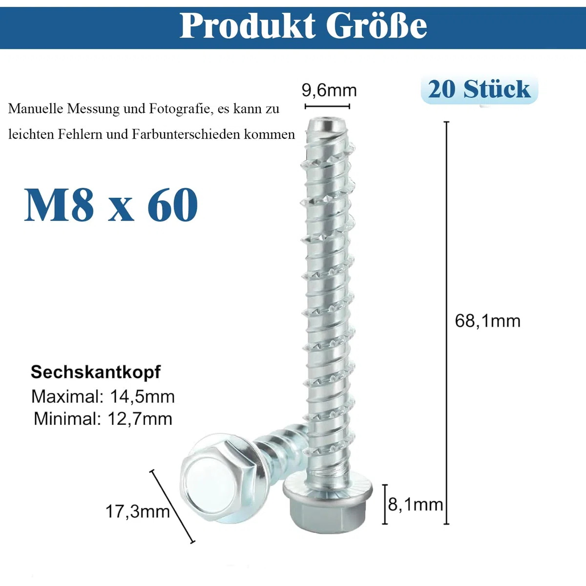 Lot de 20 vis à béton M8 x 60 - Sans chevilles - Vis à béton à tête hexagonale galvanisée avec disque - Pour maçonnerie, béton, architecture, industrie