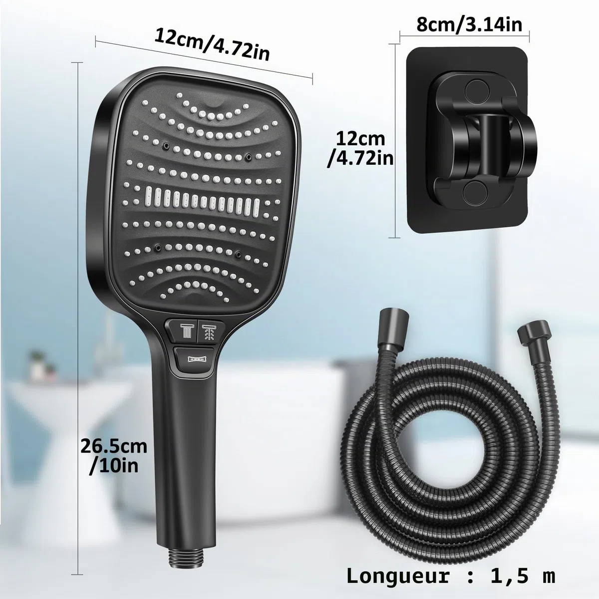 HNOOM Kit Douche Haute Pression, Pommeau de Douche Anti-Calcaire 120mm 8 Modes + Tuyau 1.5m Inox + Support Sans Perçage, Douchette Économie d'Eau, Compatible Salle de Bain(Noir)