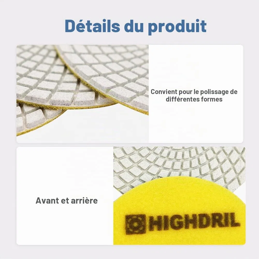HIGHDRIL Tampons diamantés 125 mm pour polissage humide 6 pièces, disque de polissage grain 100 pour granit, marbre, quartz, pierre artificielle pour meuleuse