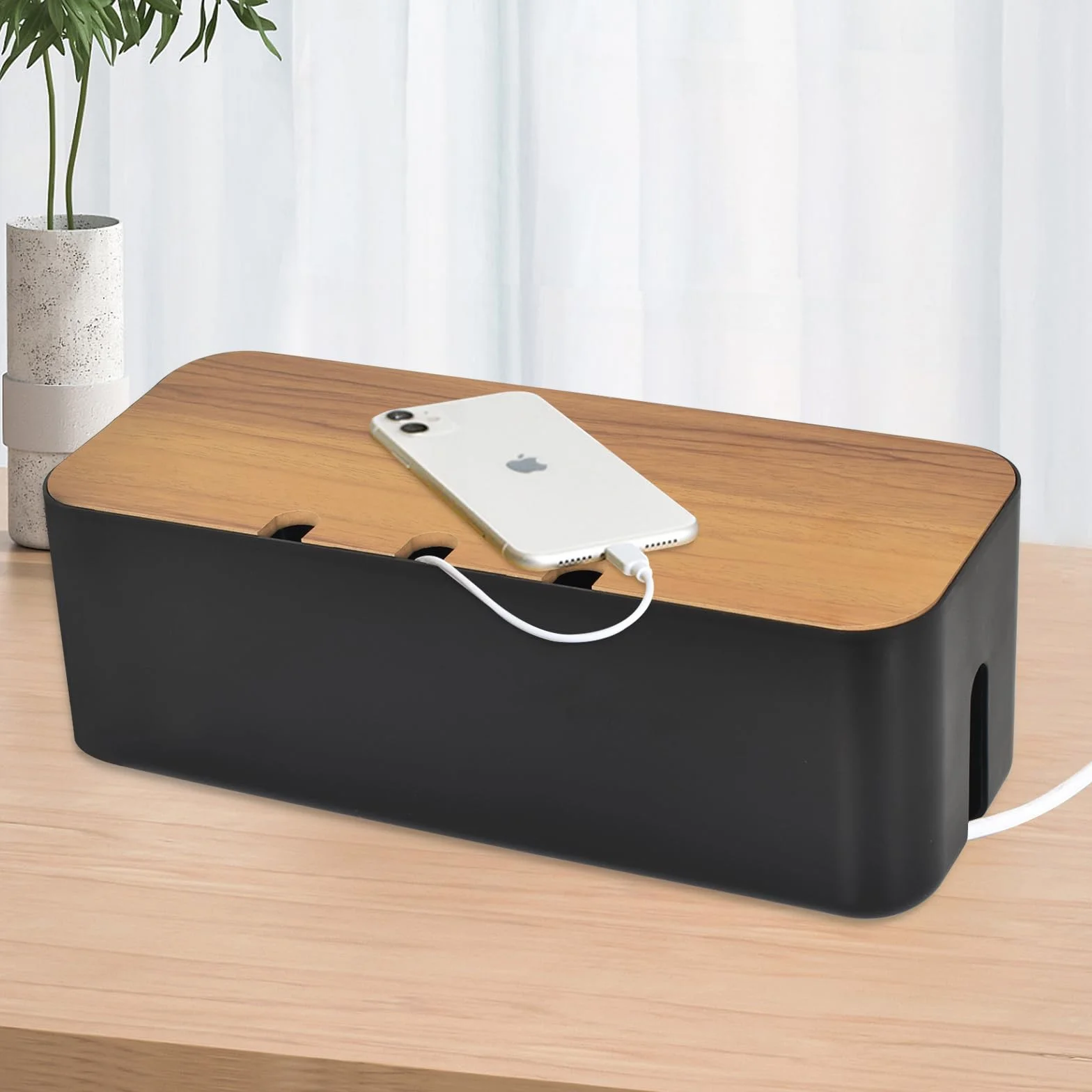 Grande boîte de rangement de câbles noire avec couvercle en bois pour cacher les câbles, multiprises pour téléviseurs, bureaux, maison, bureau