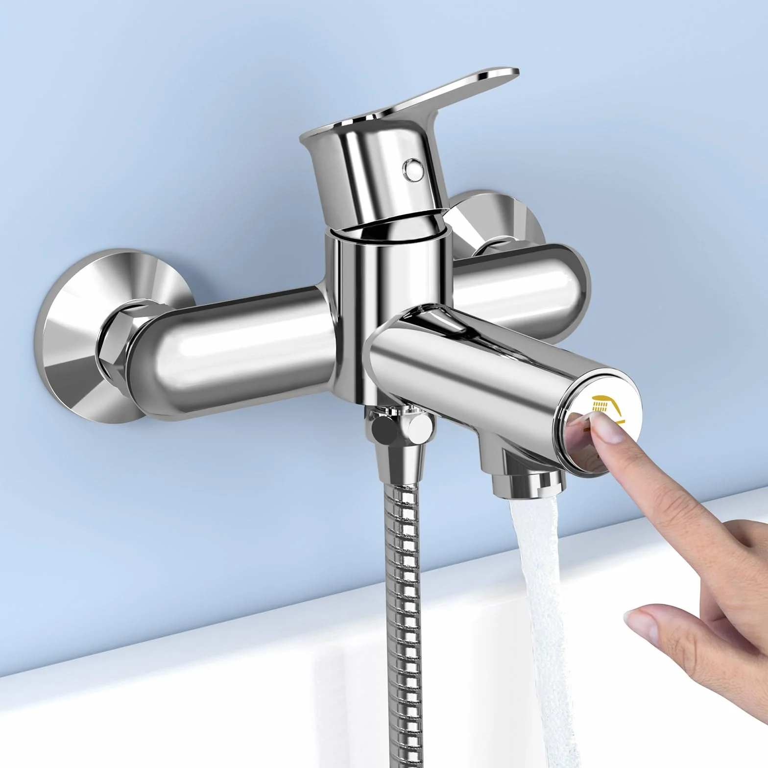 KULACO Robinet de Baignoire avec Pressostat, Chromé | Montage Mural en Laiton, Mitigeur Monocommande pour Douche et Salle de Bain
