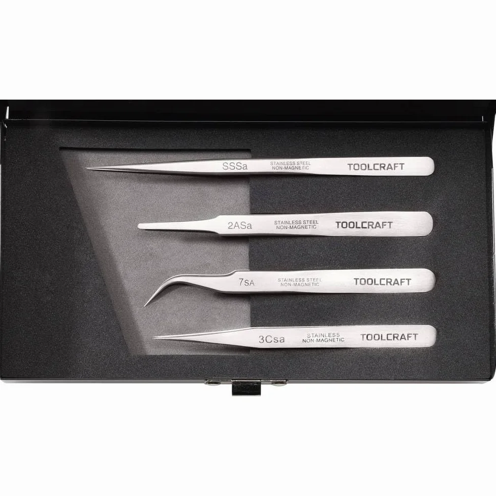 TOOLCRAFT 816747 Jeu de pinces brucelles 4 pièces SS SA, 2a SA, 7 SA, 3c SA plate, ronde, pointe en forme de faucille,