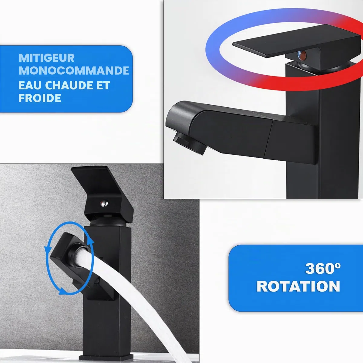 Robinet lavabo noir extensible en acier inoxydable mitigeur eau froide et chaude 2 tuyaux inclus robinet salle de bain