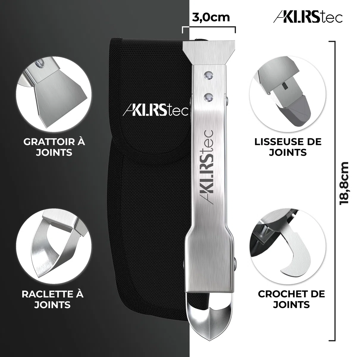 KLRStec Professional Outil de Calfeutrage de Joints [100% acier inoxydable] Multitool robuste 4 en 1 Kit Grattoir à Joints Silicone & Raclette - Set des Outils pour Rénover les Joints de Silicone