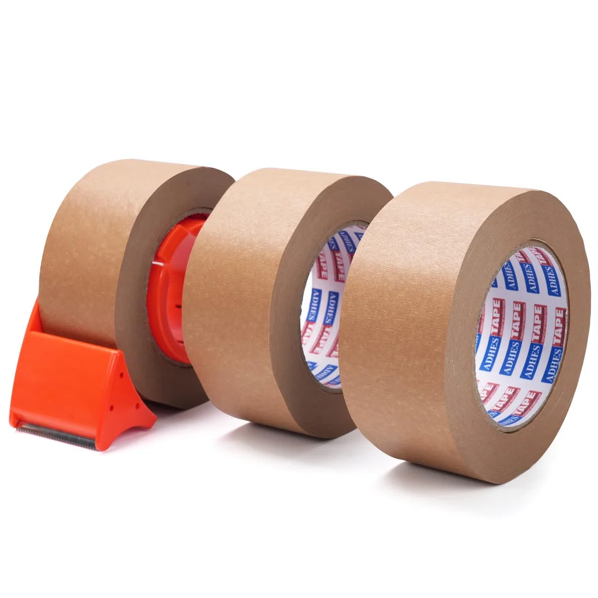 ADHES Ruban AdhéSif D'Emballage Avec Dévidoir, 50Mm X 50M 3 Rolls Kraft Packing Tape, Adhésif Papier pour Fermer les Cartons Pour Le Transport Et Le Mouvement
