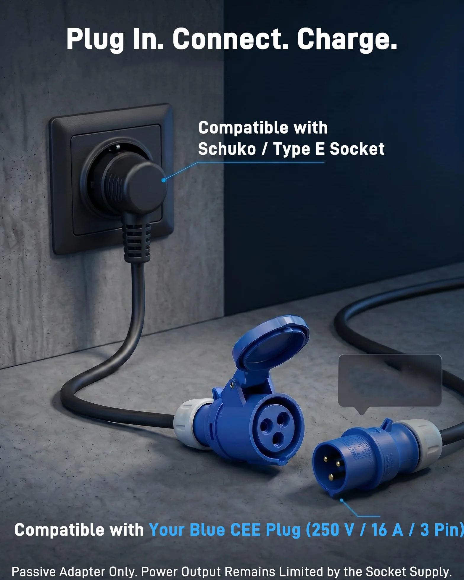 Adaptateur CEE (Fiche Schuko Mâle vers Prise Femelle CEE P17 Bleue 16 A, 3 Pôles) | Câble Adaptateur 3G2,5 mm², 0,5 m / 230 V/Max. 16 A | pour Chargeur VE Réglable, Camping et Caravane