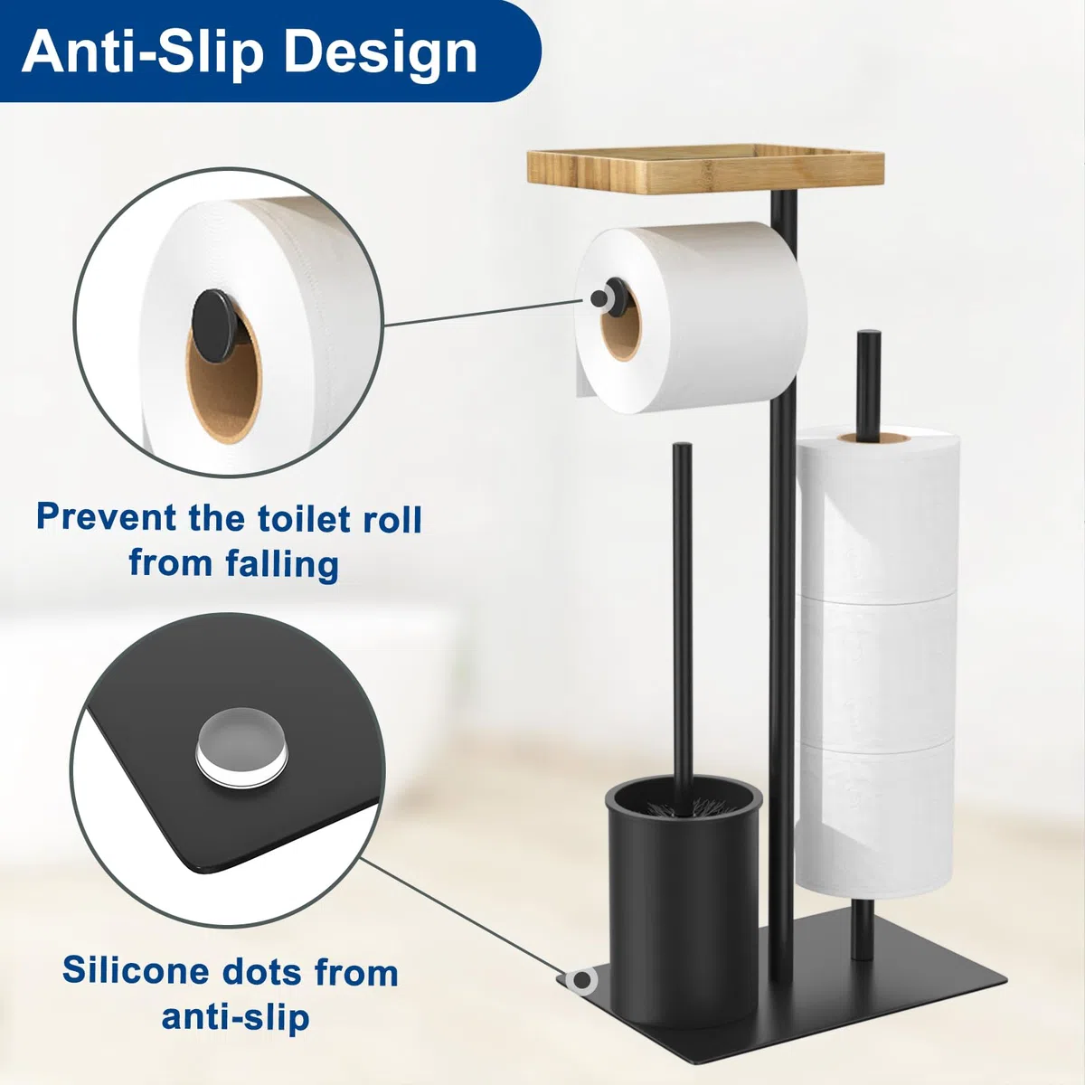 Porte Papier Toilette avec Brosse WC, Porte Rouleau Papier Toilette Debout en Acier Inoxydable avec Boîte à Lingettes Humides, Brosse WC et Dérouleur Papier Aucun Perçage Requis (Noir Mat)