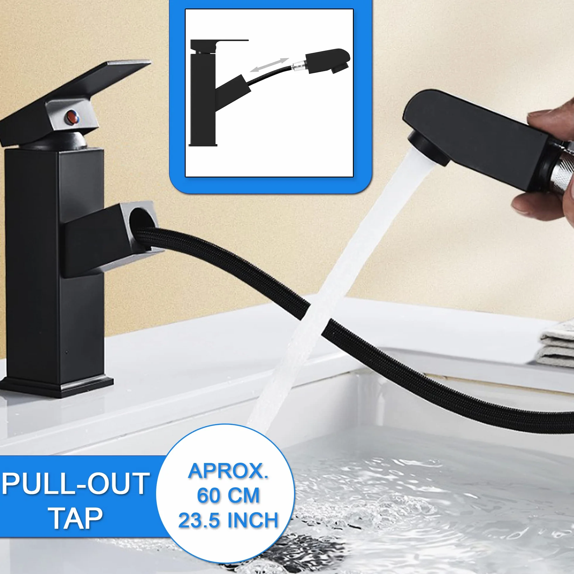 Robinet lavabo noir extensible en acier inoxydable mitigeur eau froide et chaude 2 tuyaux inclus robinet salle de bain