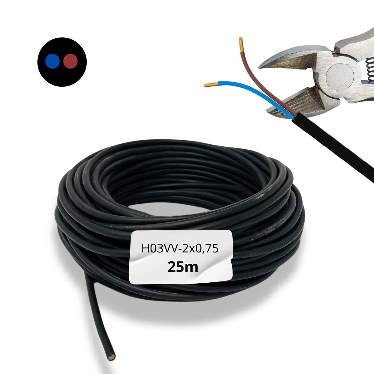 Câble Électrique 25m 2x0.75mm² Noir | H03VV-F Flexible Double Isolation PVC | Installation Intérieure/Extérieure | Résistant | Parfait pour Lampes, Appliques, Connexions, Projets Maison