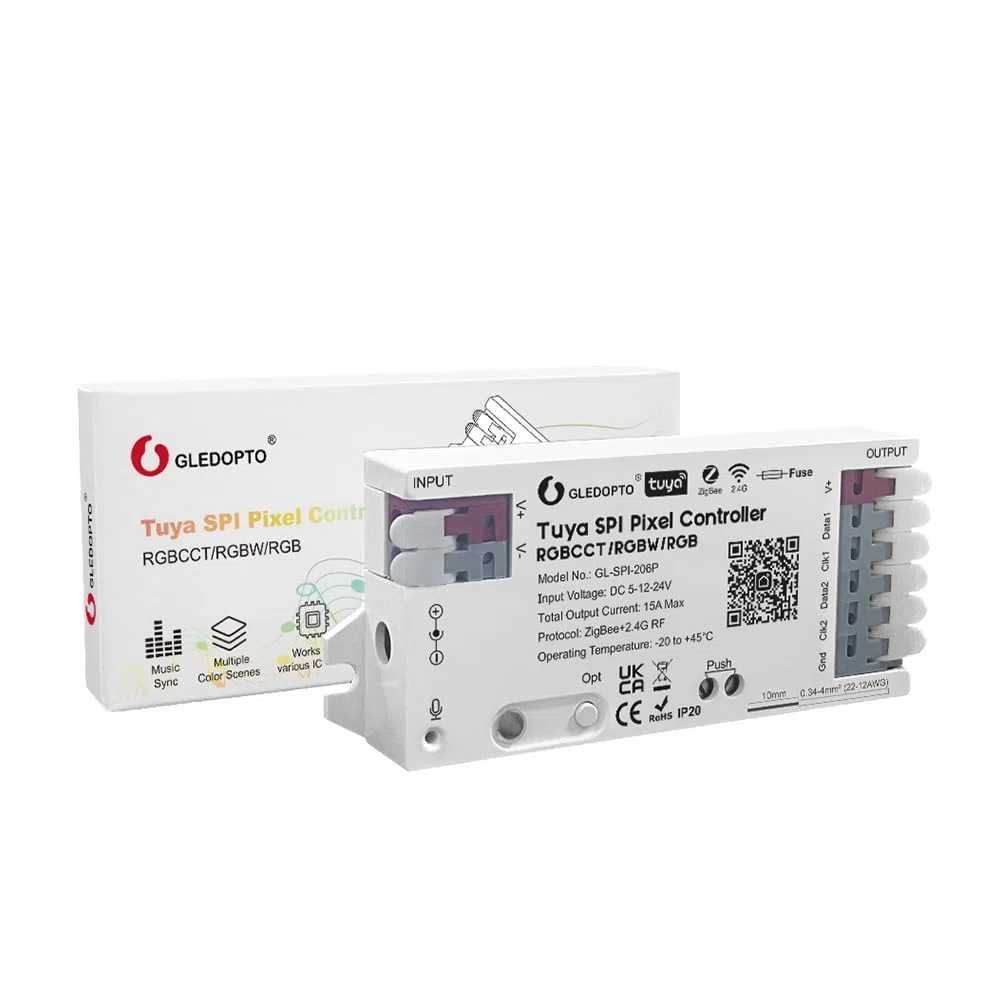 Contrôleur de Bandes LED SPI ZigBee Tuya, GL-SPI-206P, Compatible avec RGBCCT/RGBW/RGB, 15A Max, 1000 LEDs, Music Sync, Scènes Dynamiques, Commandes Segmentées
