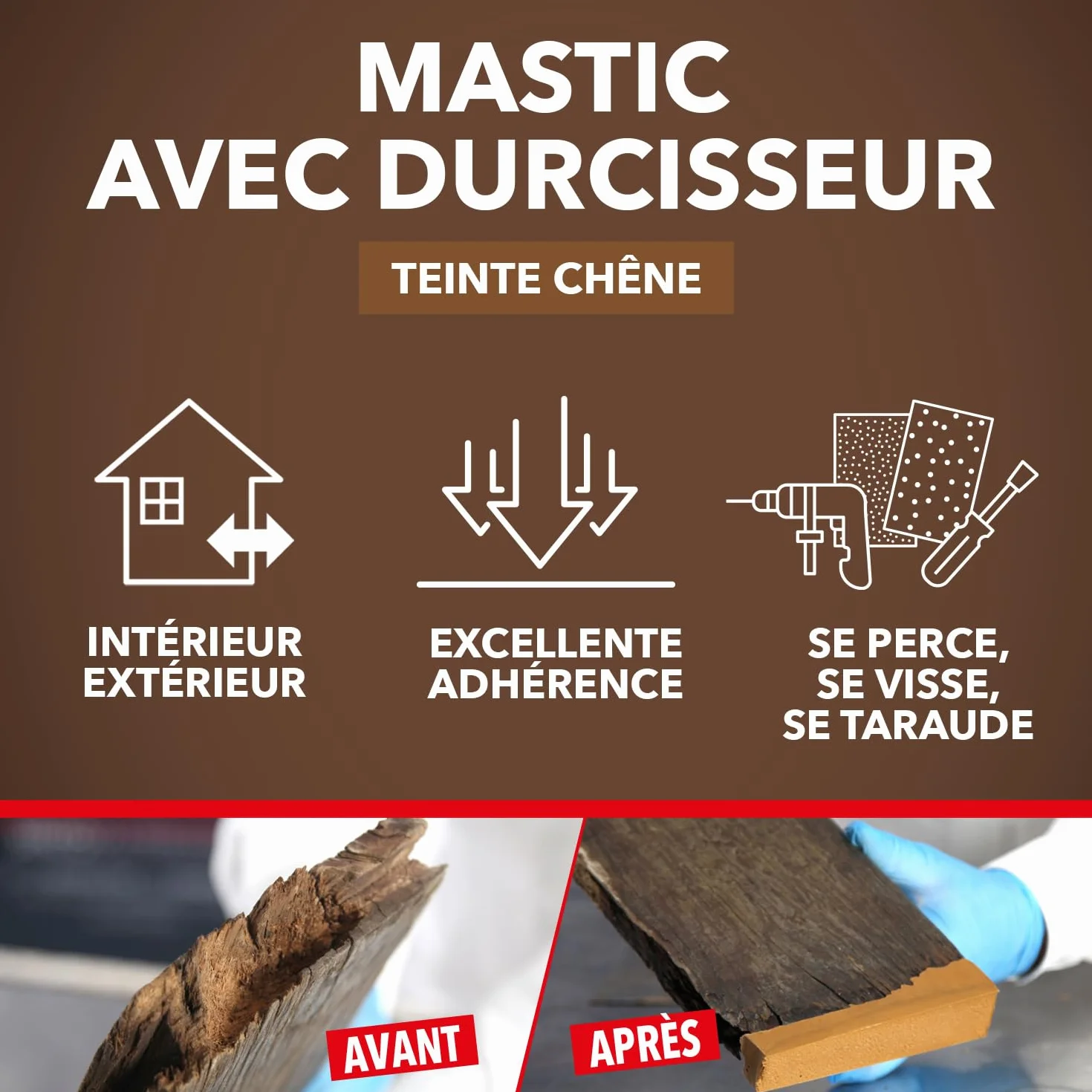 SINTO Mastic reconstitue angles et gros trous chêne 500ml, mastic bi-composant séchage en 20 min, parquets meubles menuiseries, bonne adhérence et résistance sur bois, intérieur et extérieur