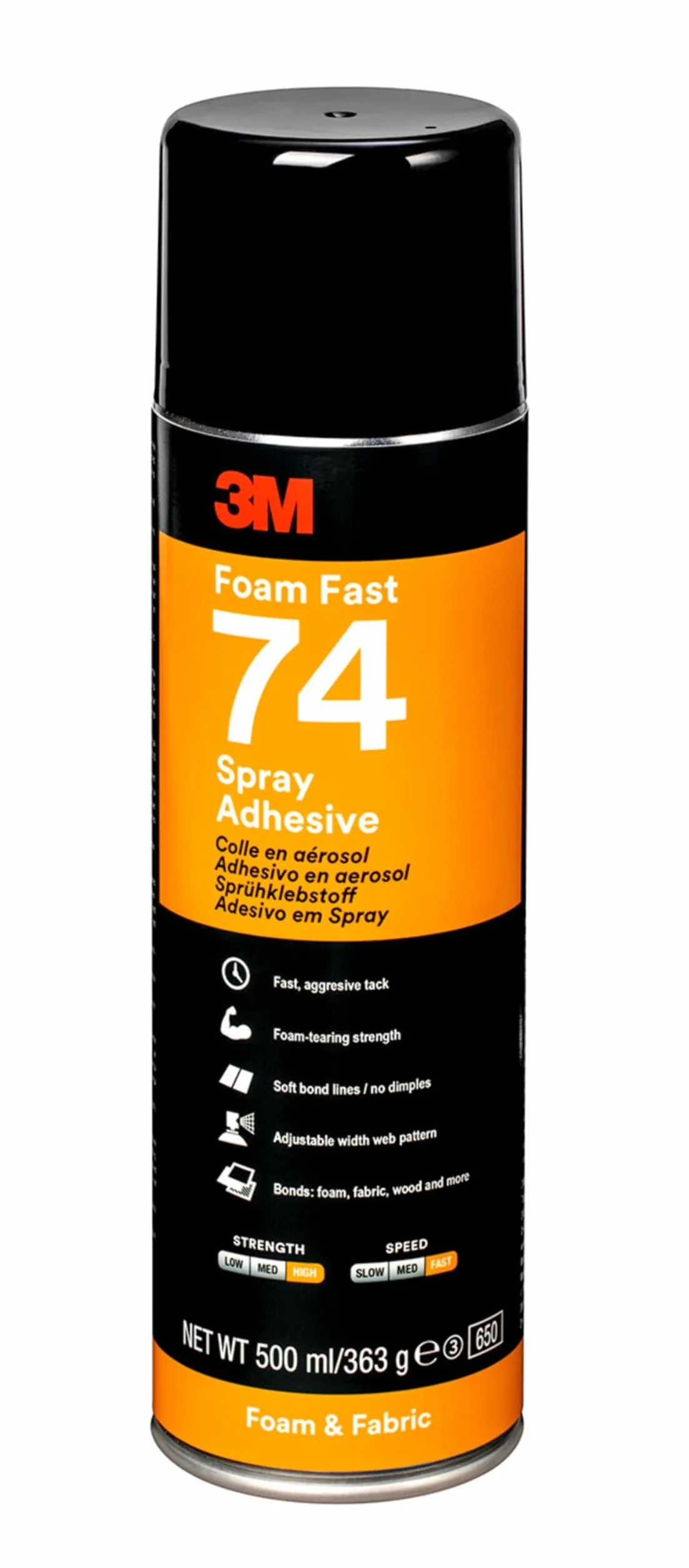 3M Colle aérosol 74 spécial mousses souples, Orange Clair, 500 mL