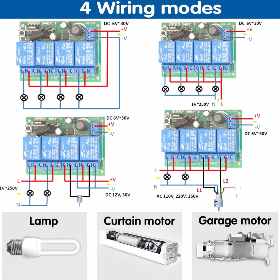 DieseRC Commutateur de télécommande sans fil DC 12V 24V 4CH, récepteur de relais radiofréquence DC 6-30V 10A 4 canaux 433Mhz avec 2 émetteurs RF, pour lumières, porte de garage, moteur, auvent