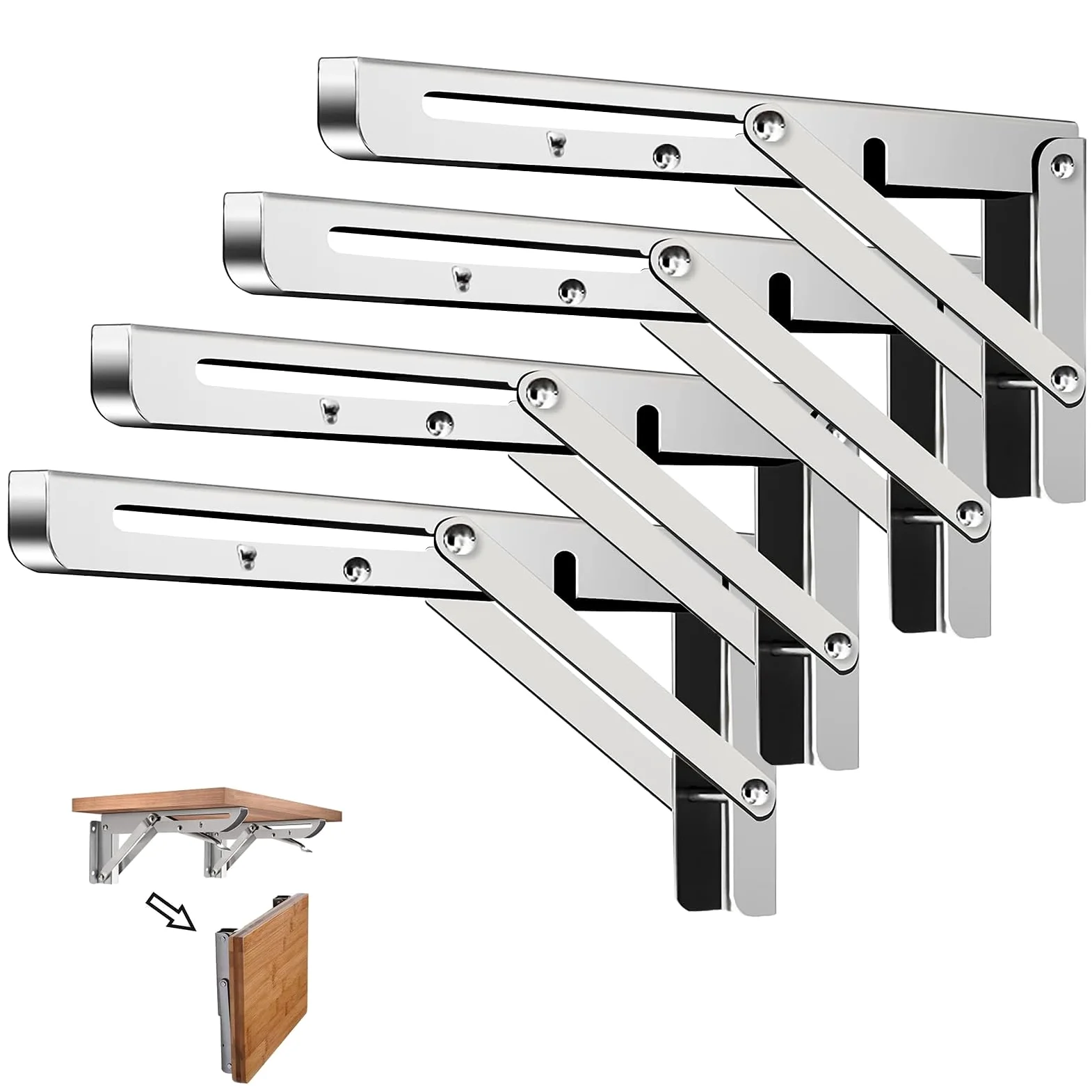 Équerres Murales Pliantes 300mm– Lot de 4 Support Étagère Inox Charge Lourde – Consoles Rabattables pour Table, Cuisine, Atelier & Garage