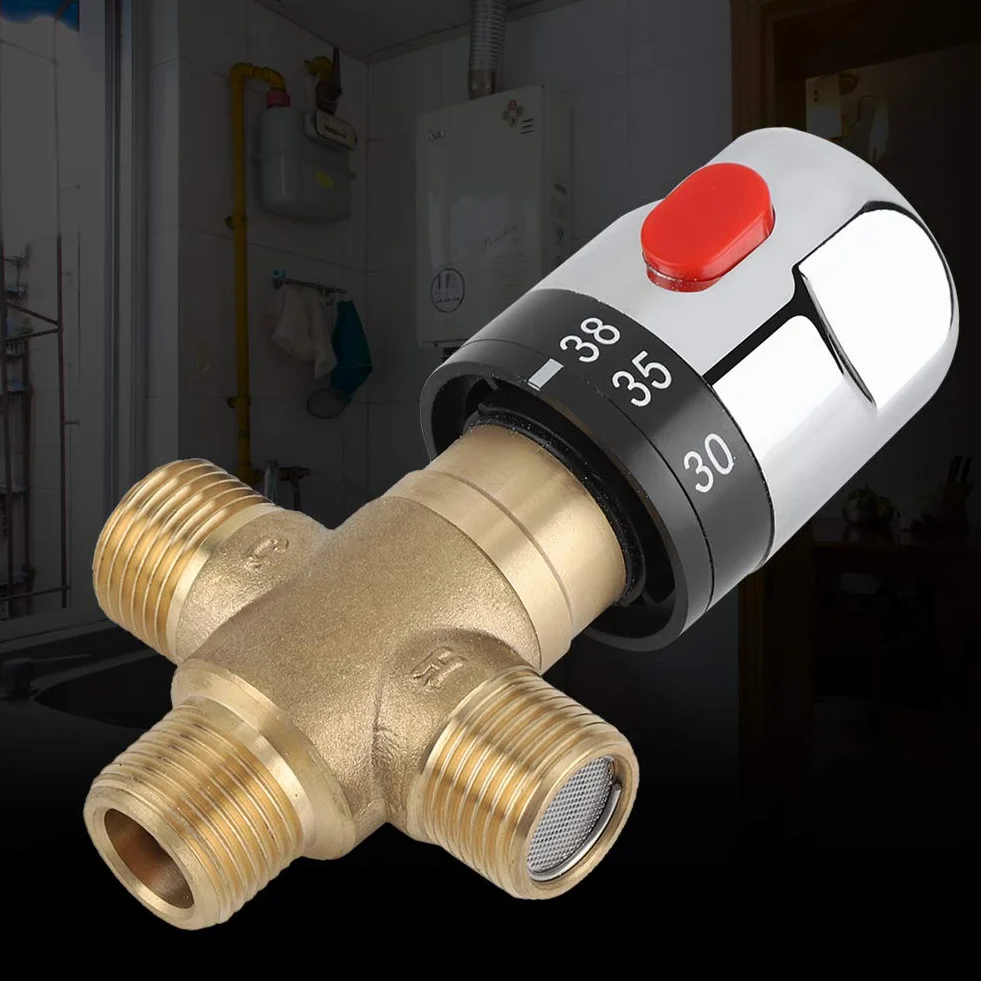 Mitigeur Thermostatique avec Raccords Mâles 1/2 NPT, Vanne de Contrôle de la Température de L'eau, Contrôle du Thermostat, Laiton Massif