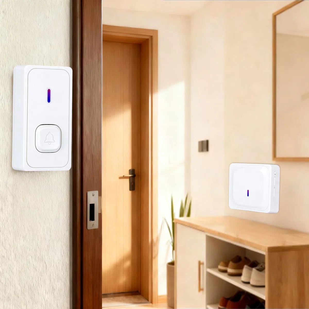 Kit sonnette de porte sans fil avec 2 récepteurs et 1 émetteur - Sonnette de porte étanche à l'extérieur - Portée de 300 m - 58 mélodies - 4 niveaux de volume - Avec flash LED (blanc)