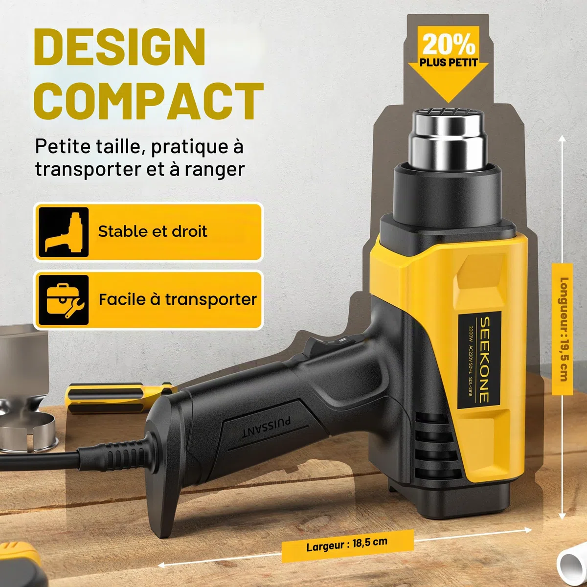 SEEKONE Decapeur Thermique 2000W Design Compact Pistolet à Air Chaud Robuste Contrôle de Température Variable 50-600℃ 1,5S Chauffage Rapide avec 4 Buses pour Travaux Manuels, Film Vinyle