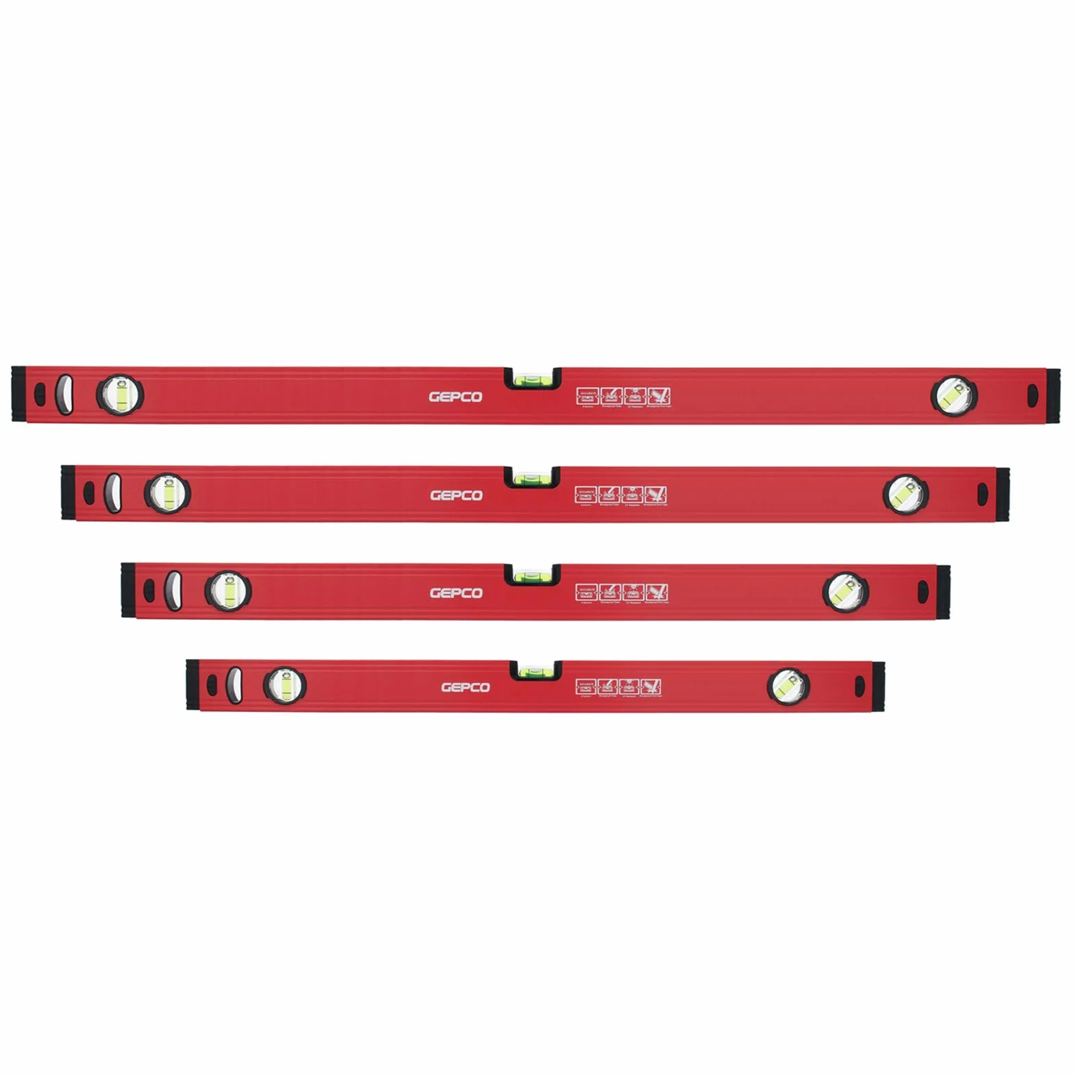 GEPCO Lot de 4 niveaux à bulle professionnels 60 + 80 + 100 + 120 cm en aluminium 1,2 mm Balance de mesure 3 fioles Tolérance de mesure : 0,5 mm/m