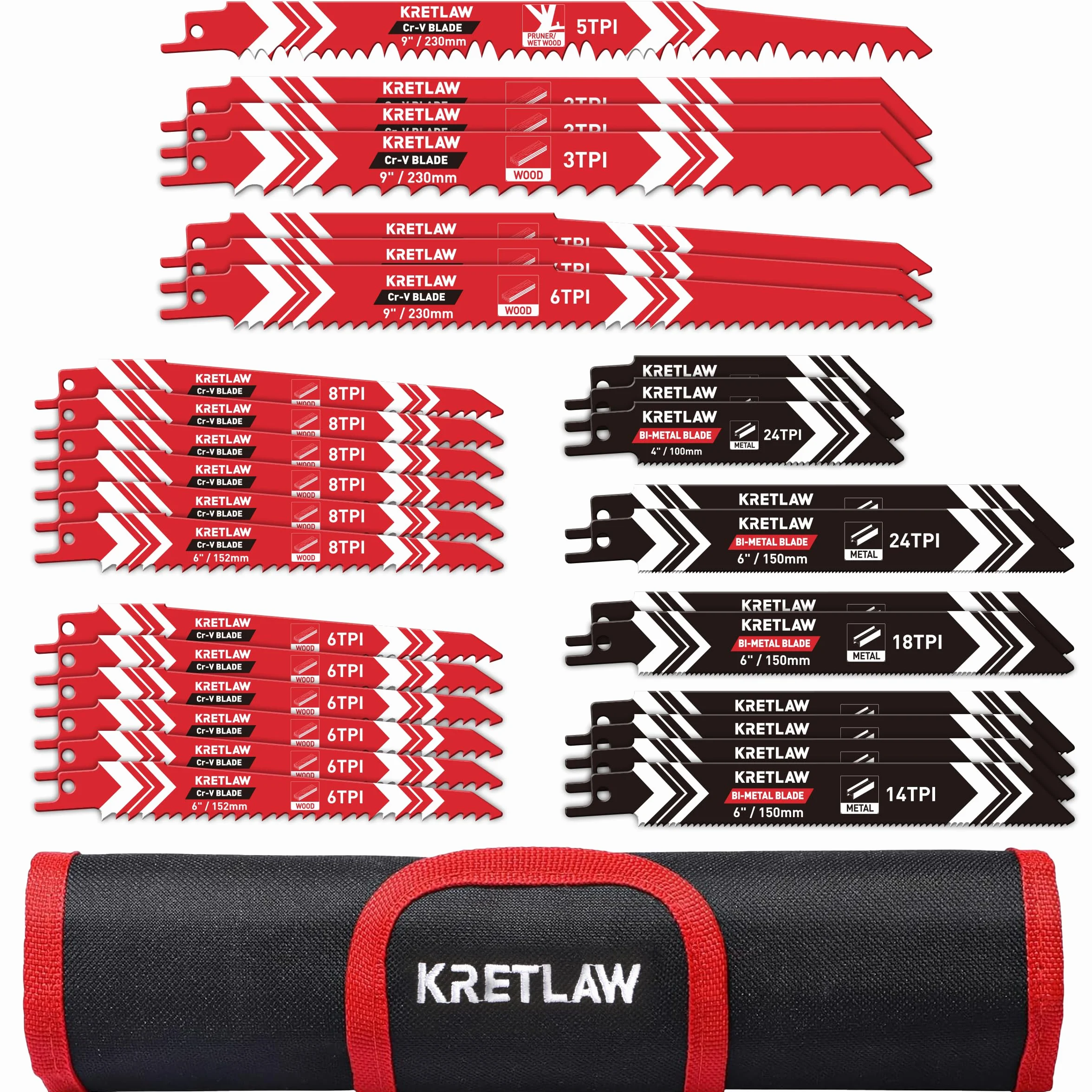 KRETLAW Lames de scie sabre 36 pièces, ensemble de lames de rechange en HCS et bimétal pour bois, métal et plastique avec sac à main