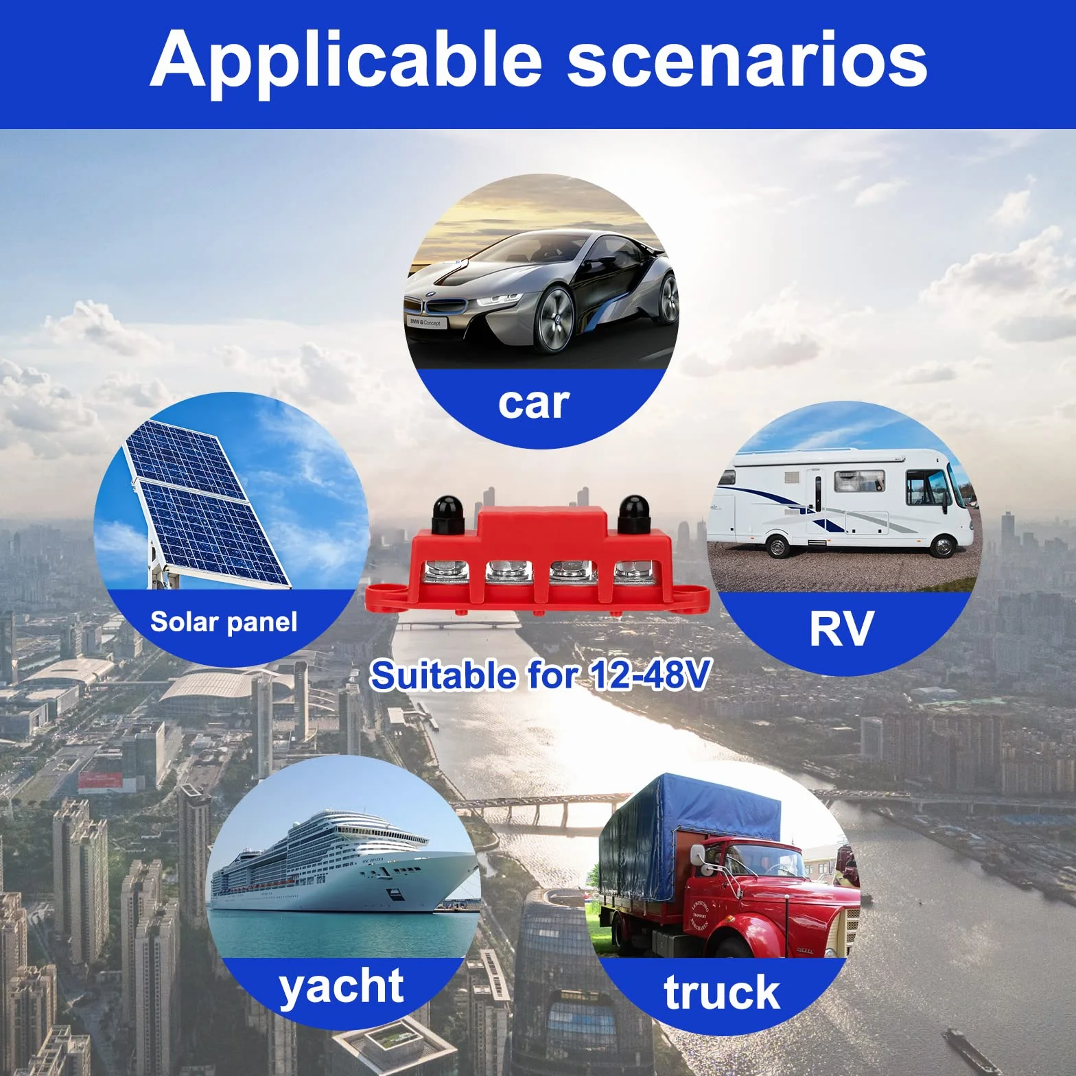 QIMEI-SHOP Bloc de Distribution D'alimentation 12V-48V DC BusBar 250A Barres de Distribution D'énergie avec 4 x M10 Boulons de Borne pour Voiture Camion Bateau Rouge Noir 2 Pièces