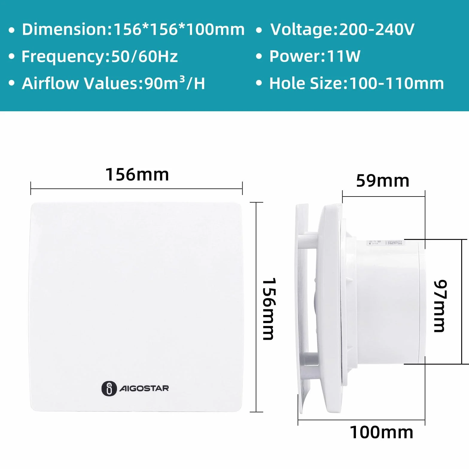 Aigostar Ventilateur Extracteur 100 mm pour Salle de Bain | Silencieux, puissance 11W, adapté pour salle de bain, WC, cuisine et bureau