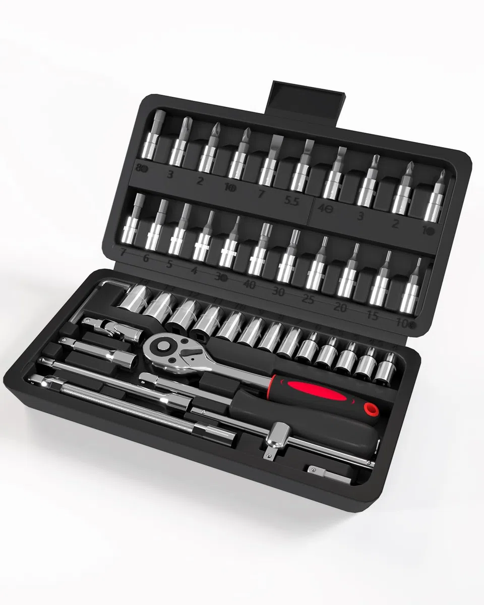 Lot de 46 Coffret Douille Cliquet 1/4" le Chromé, Ensemble de clés à Cliquet et Cliquets Adapté pour les Travaux sur Vélos et Outillage Mecanique Auto, Taille 1/4"