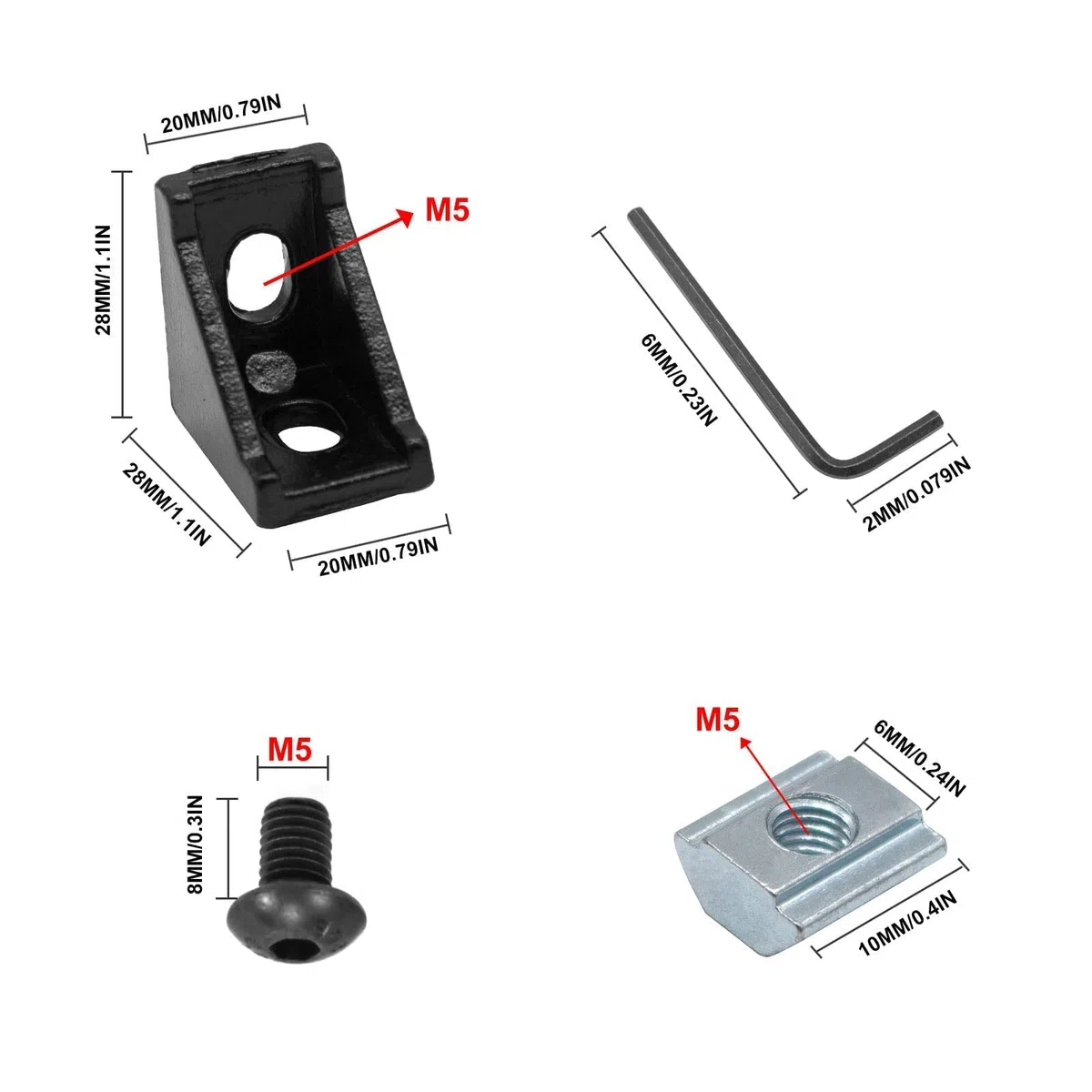Lot de 26 supports d'angle 2020 avec 52 écrous M5, 52 vis à tête hexagonale M5 x 8 mm et 2 clés M3 pour profil d'extrusion en aluminium de la série 2020 - Noir