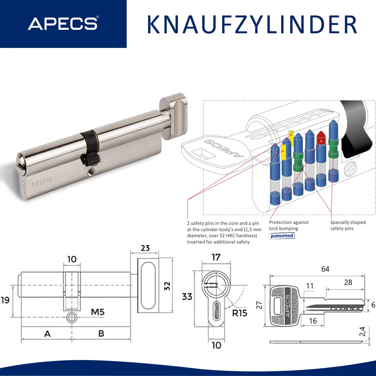 Generic APECS SM-100 40C/60 -C Serrure cylindrique 40/60 mm pour serrure de porte avant avec 5 clés