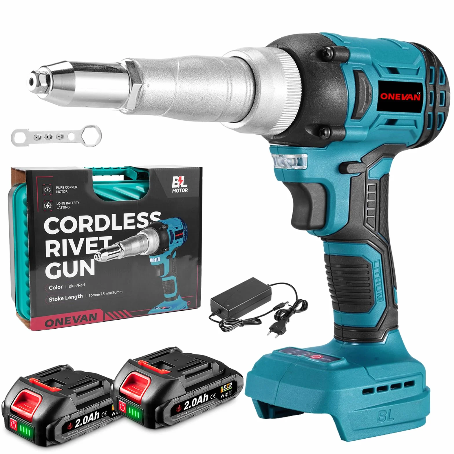 ONEVAN Pince à rivets sans fil, 20 mm de course, 250 Nm pistolet à rivets sans balais, 5000 tr/min, avec 2 batteries, pour aluminium et rivets aveugles Ø 2,4-5,0 mm (non pour acier inoxydable)