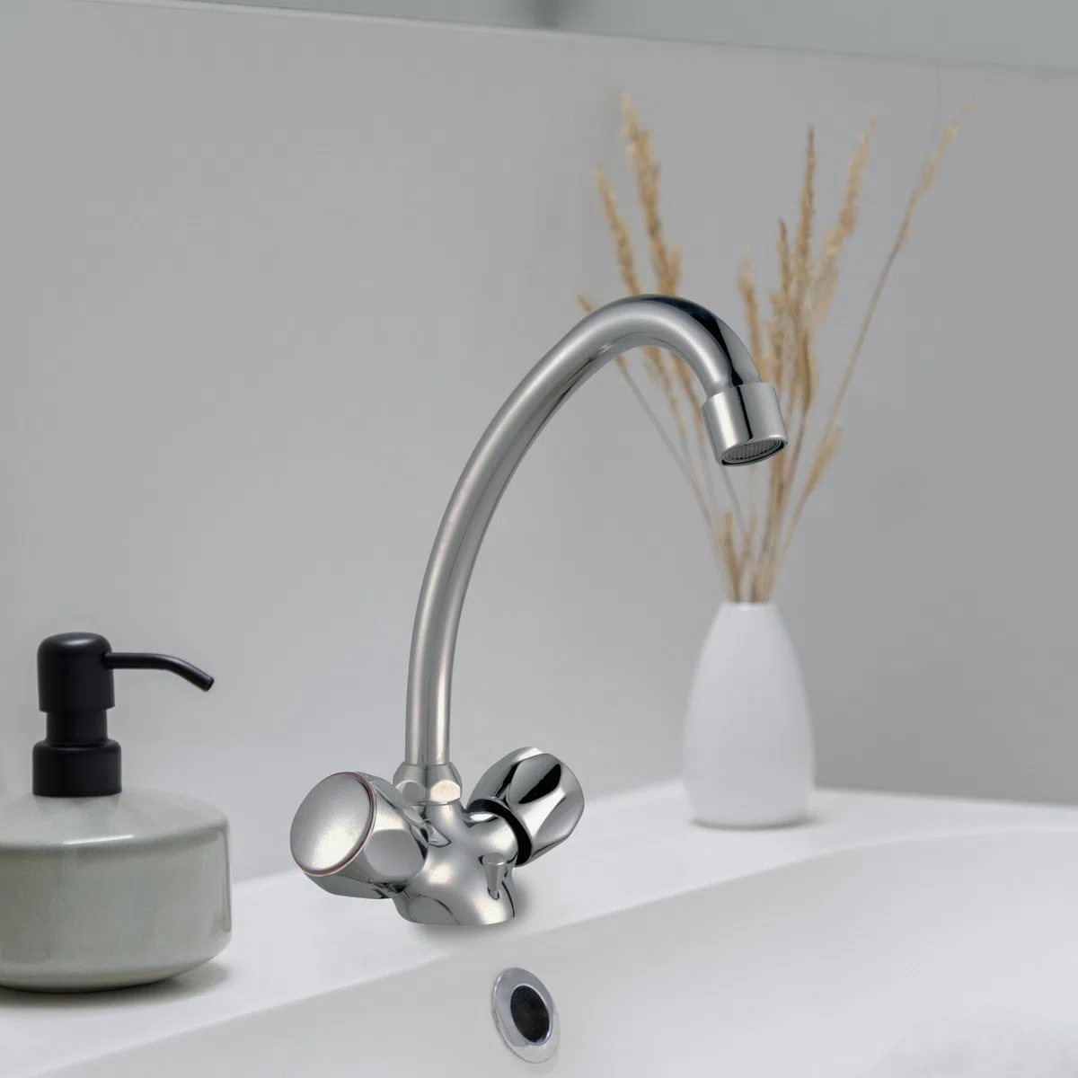 Edouard Rousseau - Mélangeur Lavabo Konfort - Robinet en Laiton à Bec Mobile - Poignées en Métal - 242 (Hauteur) x 155 (Saillie) mm - Chromé